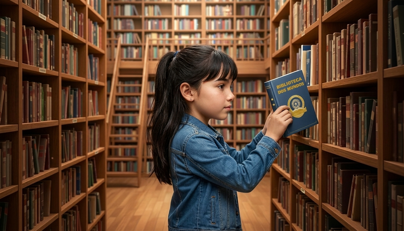 Lúcia escolhendo um livro da Biblioteca dos Mundos em uma estante enorme