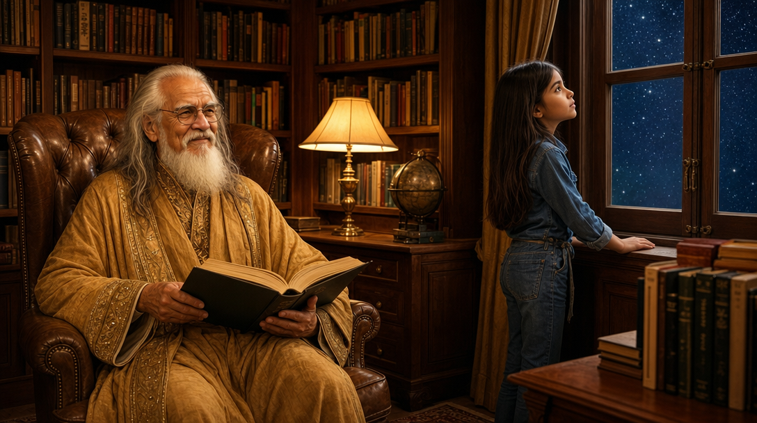 Lúcia olha as estrelas pela janela enquanto um sábio lê um grande livro na biblioteca